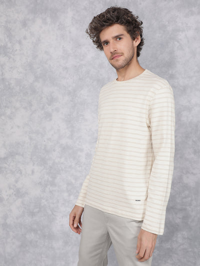 Beige Horizontal Stripes Long Sleeves T-Shirt-Men T-Shirts-Crimsoune Club