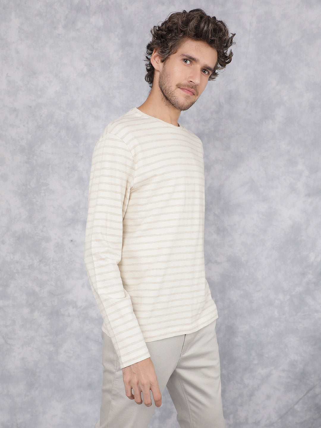 Beige Horizontal Stripes Long Sleeves T-Shirt-Men T-Shirts-Crimsoune Club