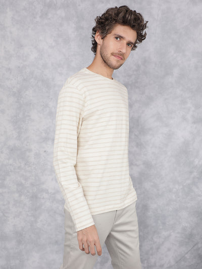 Beige Horizontal Stripes Long Sleeves T-Shirt-Men T-Shirts-Crimsoune Club