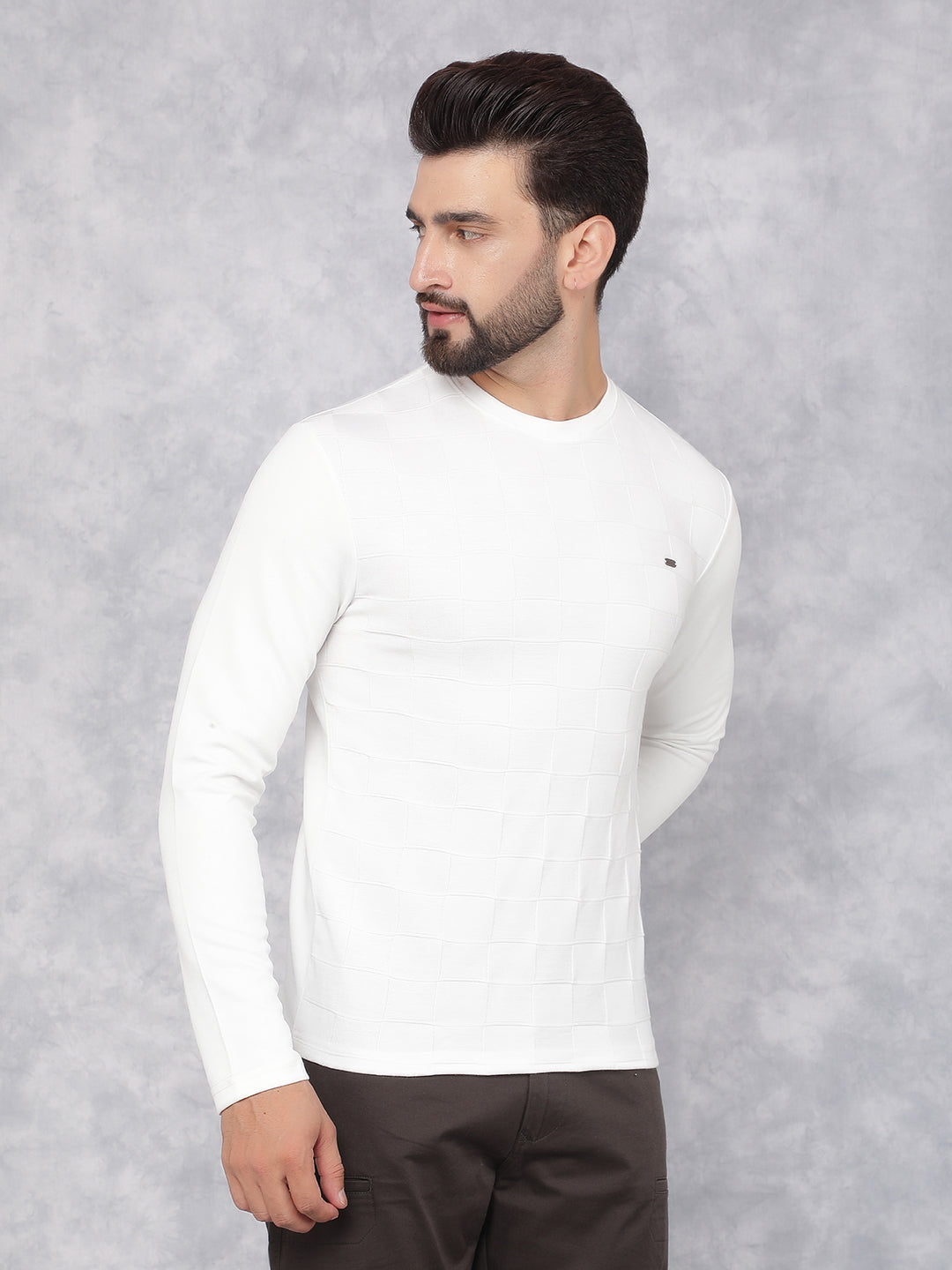 White Jacquard Long Sleeves T-Shirt-Men T-Shirts-Crimsoune Club