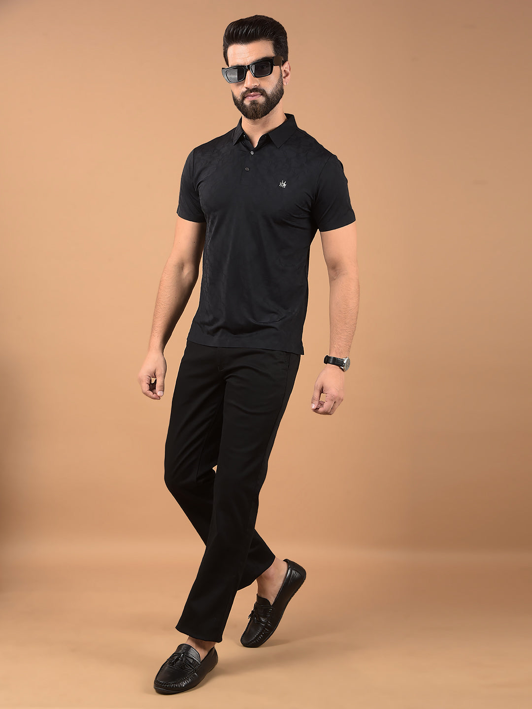 Black Printed Polo Neck T-Shirt