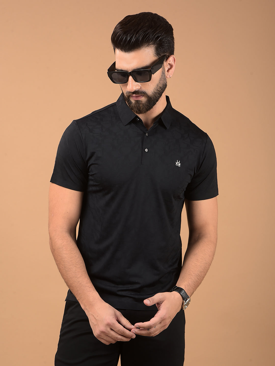 Black Printed Polo Neck T-Shirt