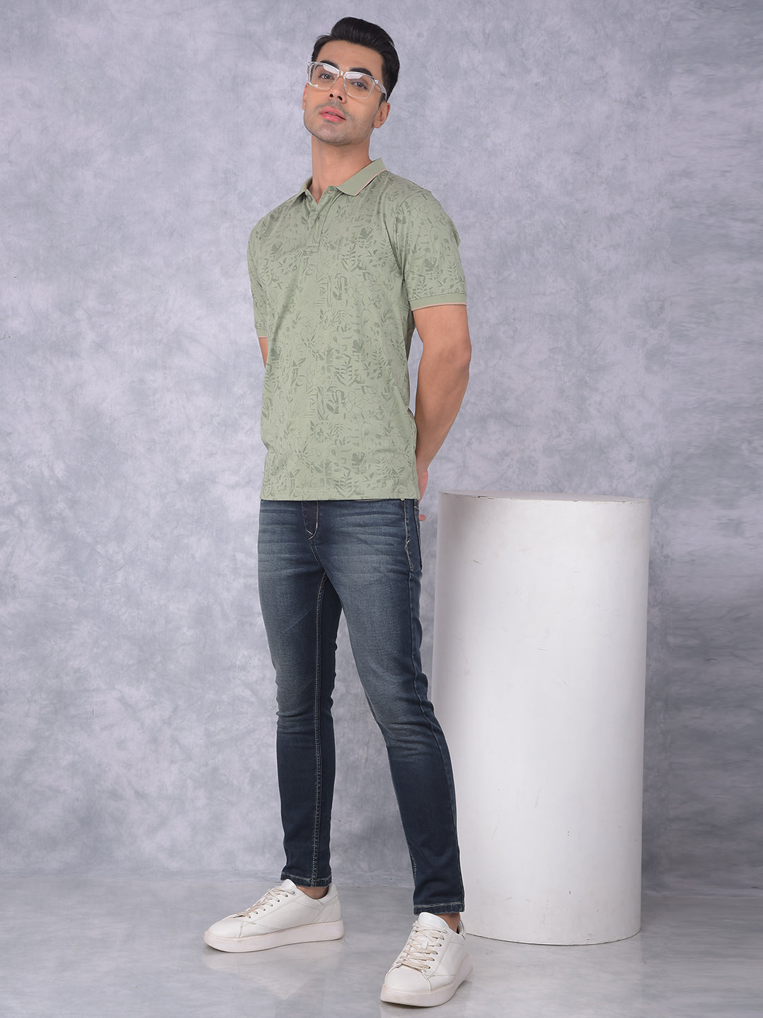 Green Floral Print Polo Neck T-Shirt-Men T-Shirts-Crimsoune Club