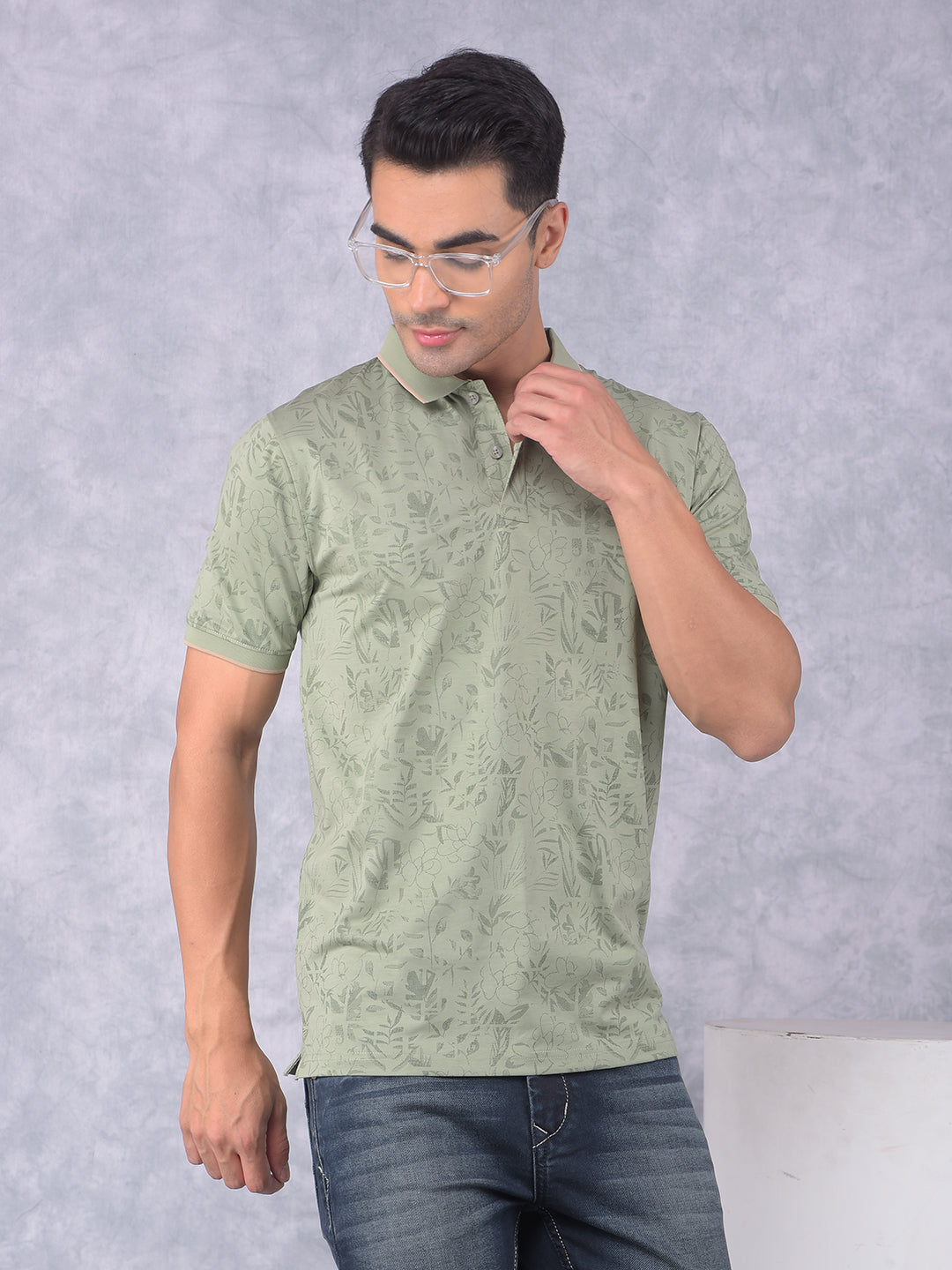 Green Floral Print Polo Neck T-Shirt-Men T-Shirts-Crimsoune Club