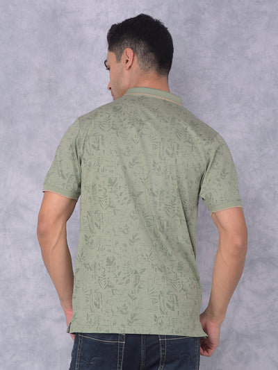 Green Floral Print Polo Neck T-Shirt-Men T-Shirts-Crimsoune Club