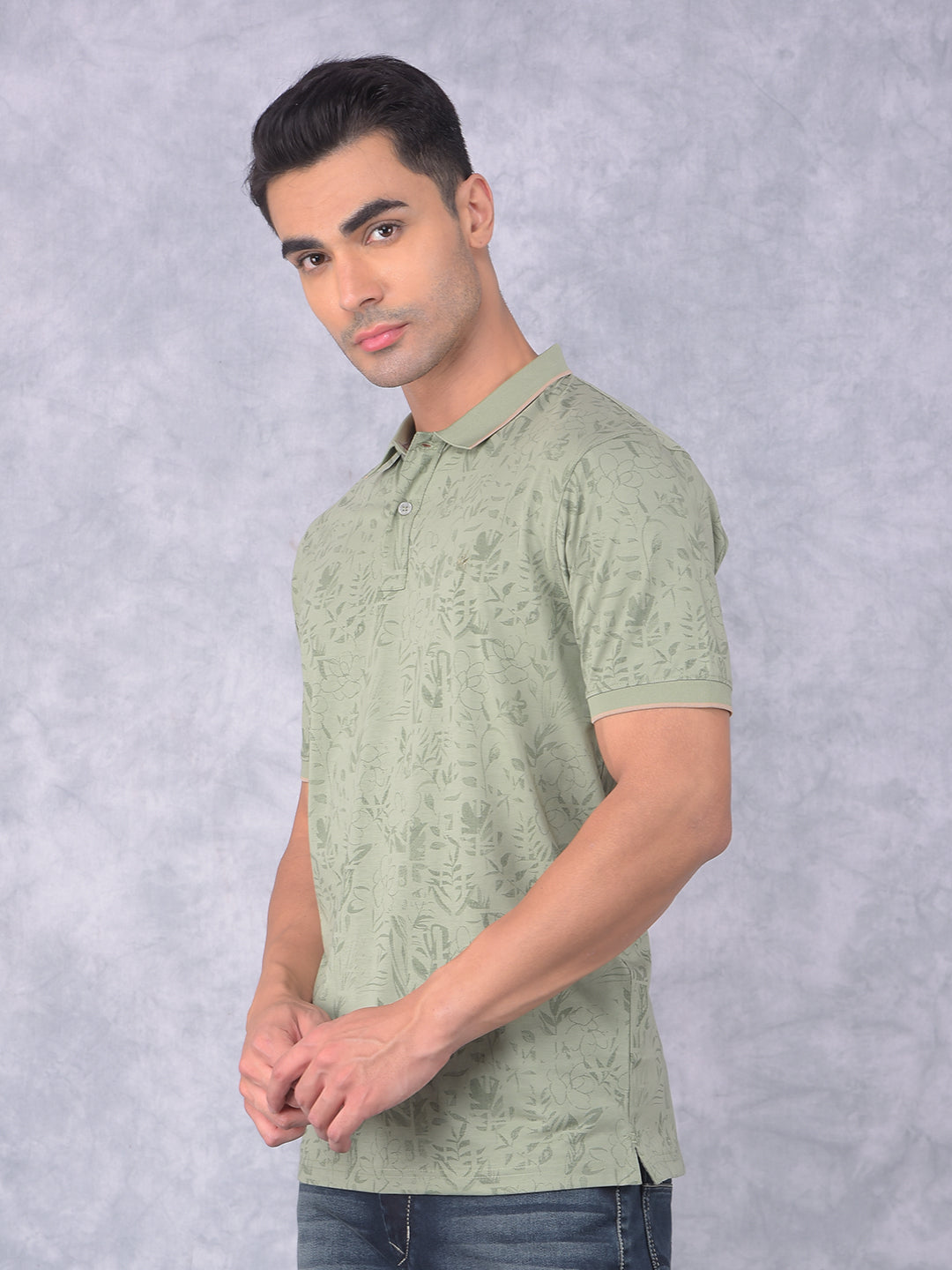 Green Floral Print Polo Neck T-Shirt-Men T-Shirts-Crimsoune Club