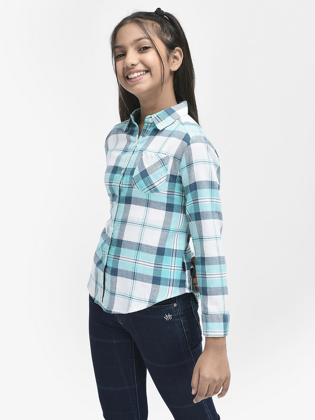 Turquoise Checked Shirt-Girls Shirts-Crimsoune Club