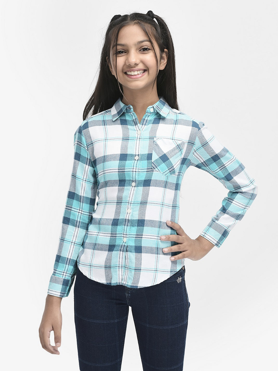 Turquoise Checked Shirt-Girls Shirts-Crimsoune Club