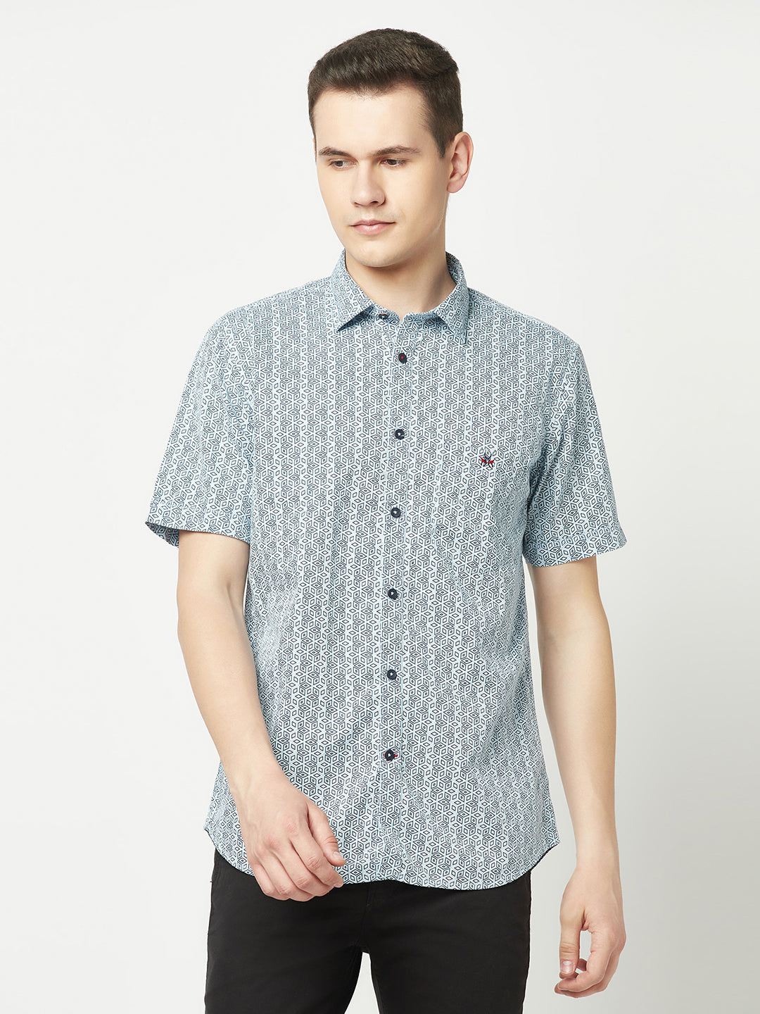  Short-Sleeved Sky Blue Motif Shirt 