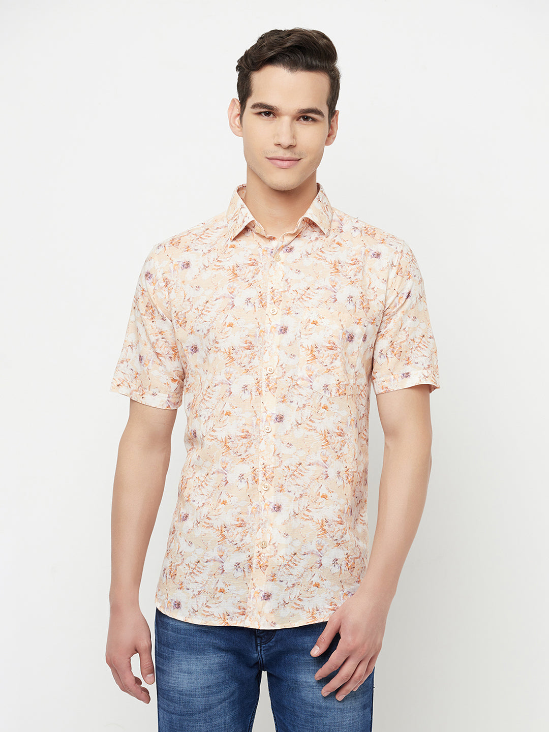 Orange Floral Printed Linen Shirt - Men Shirts