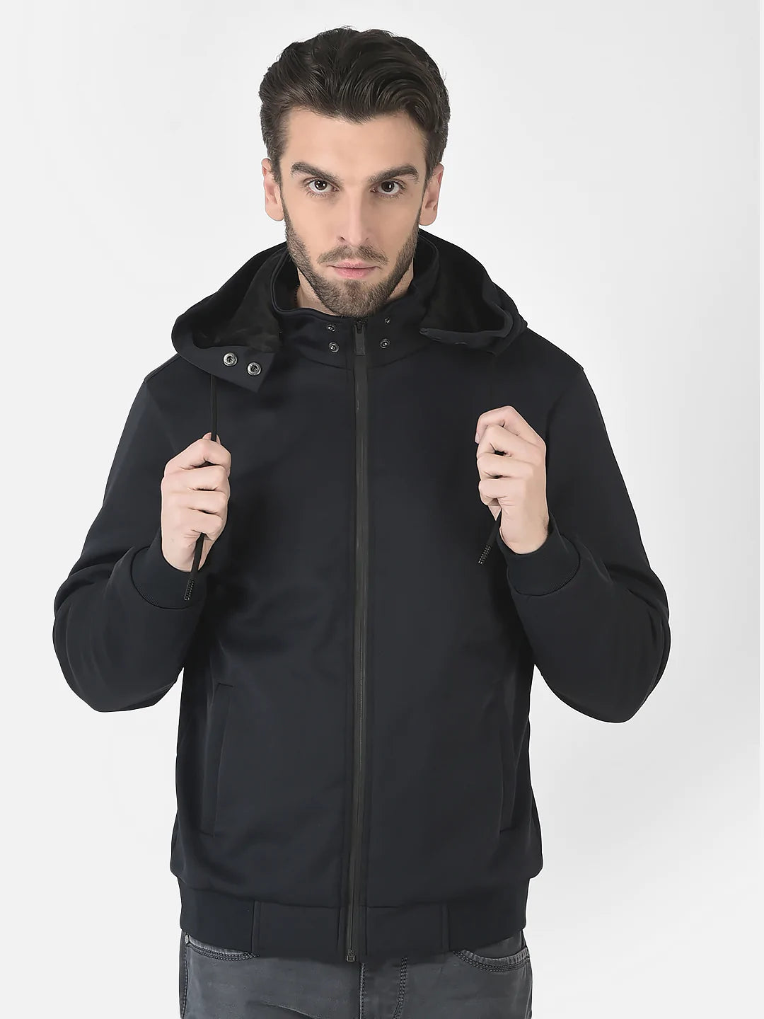  Navy Blue Removable Hood Bomber Jacket 