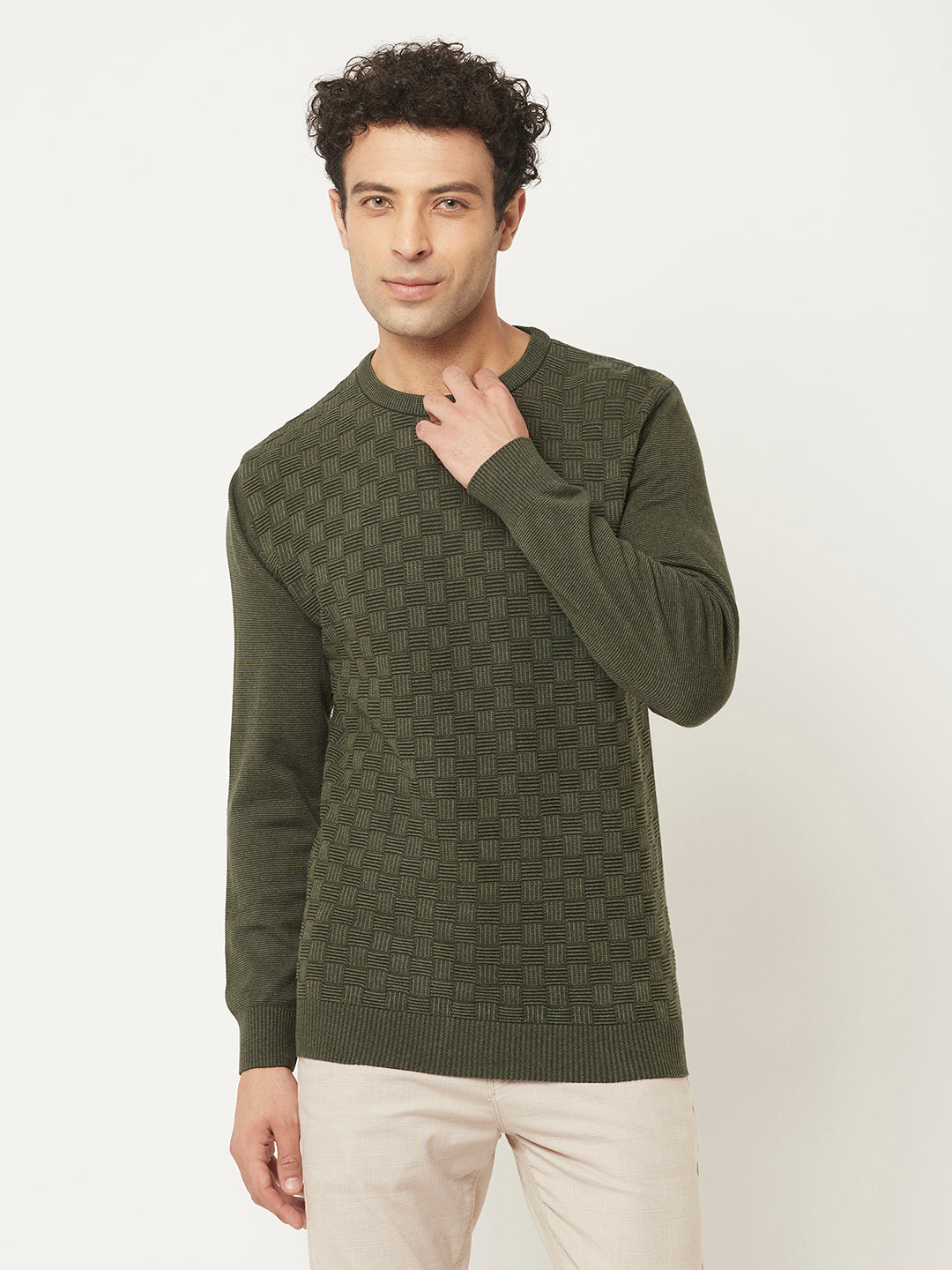 Army Green Sweater in Self Design Pattern-Men Sweaters-Crimsoune Club