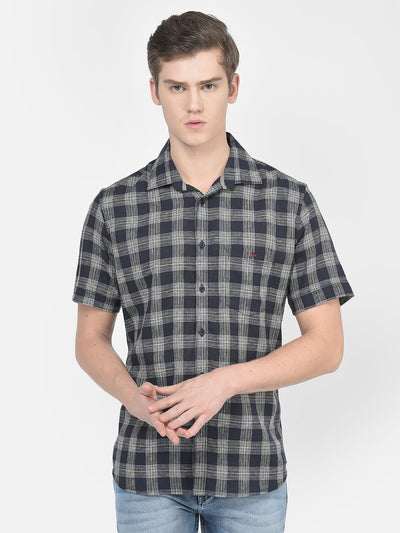  Navy Blue Short-Sleeved Checked Shirt 