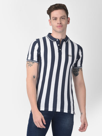 Navy Blue Striped Polo T-Shirt-Men T-Shirts-Crimsoune Club