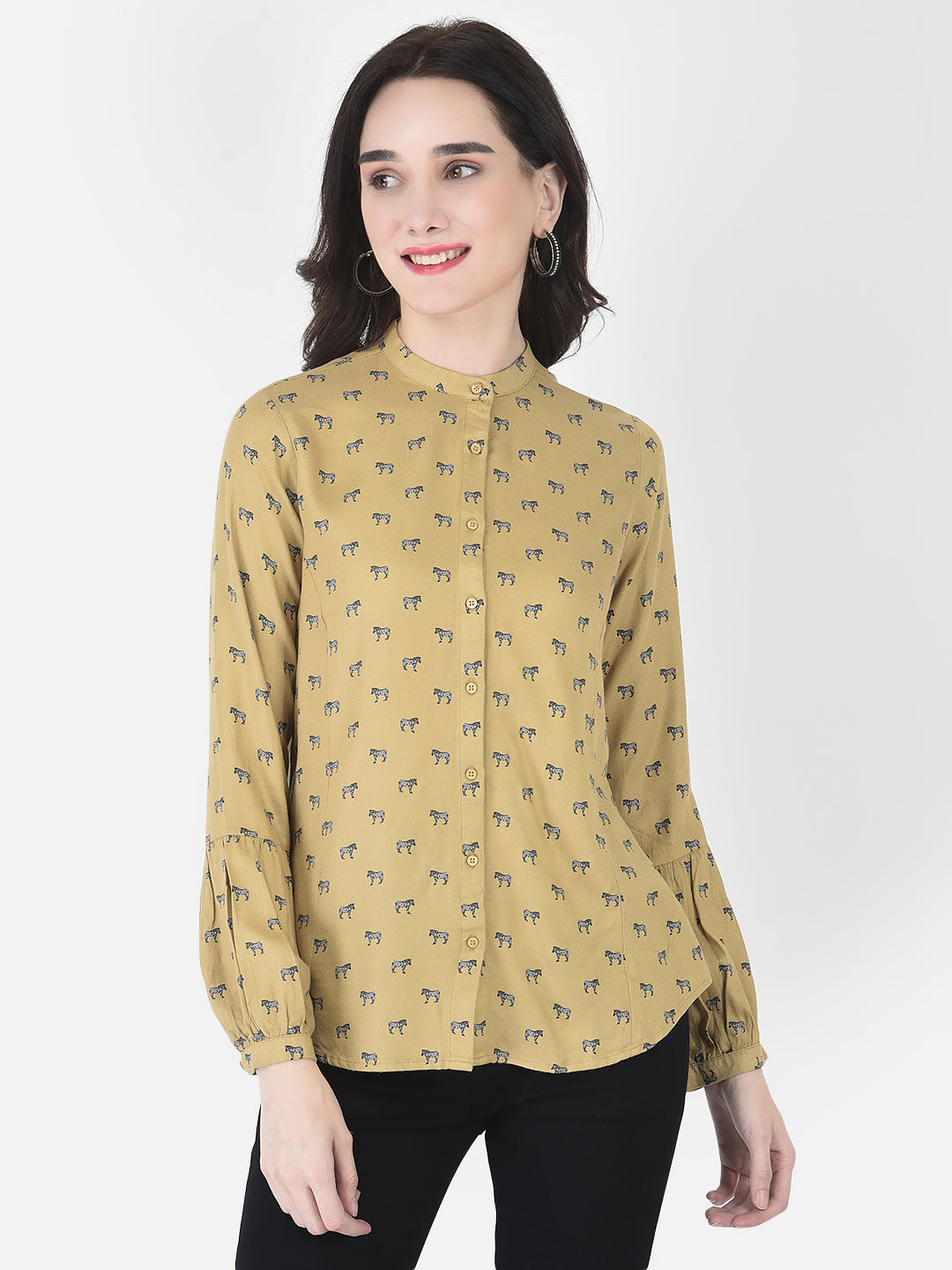 Dark Khaki Printed Shirt-Women Shirts-Crimsoune Club