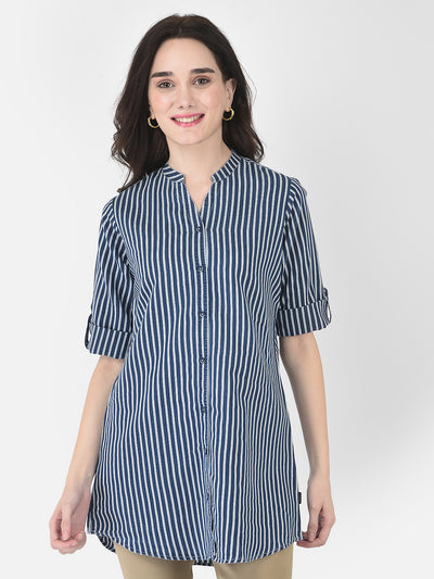 Navy Blue Striped Longline Shirt - Women Shirts