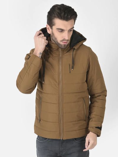  Tan High-Neck Hooded Jacket