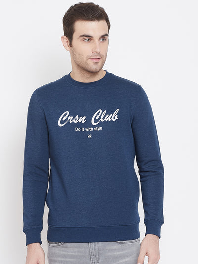 Navy Blue Printed Round Neck Sweatshirt-Men Sweat Shirts-Crimsoune Club