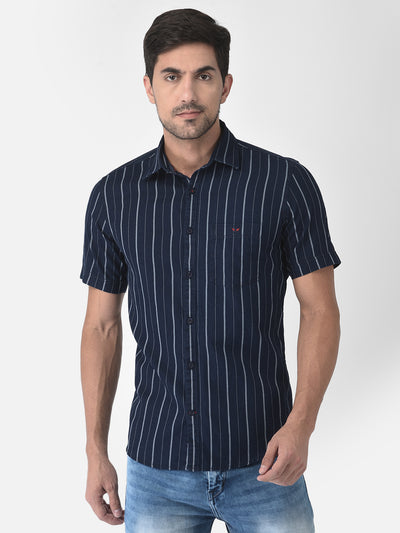 Navy Blue Striped Short Sleeves Shirt - Men Shirts