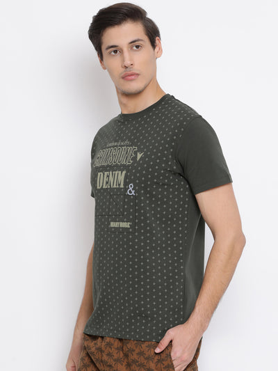 Olive Printed Round Neck T-Shirt - Men T-Shirts