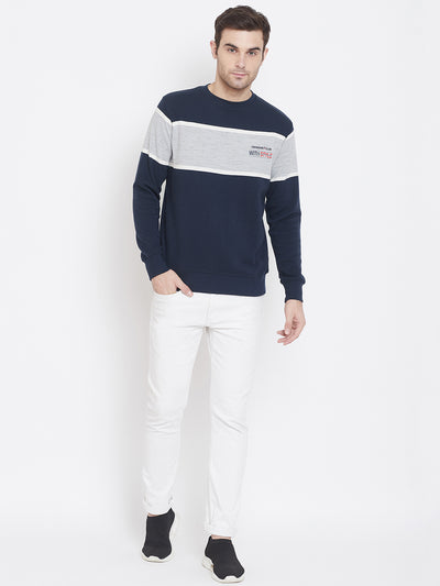 Navy Blue Colorblocked Round Neck Sweatshirt - Men Sweatshirts