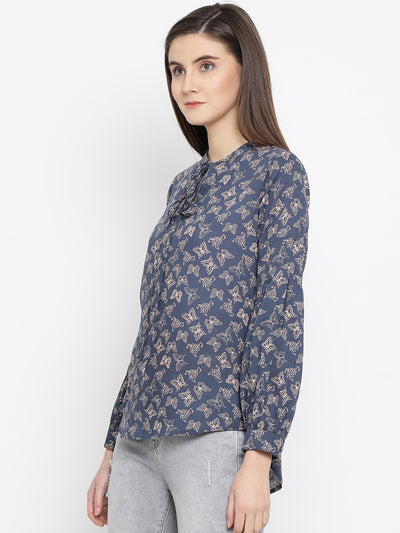 Blue Printed Tie-Up Neck Tops - Women Tops