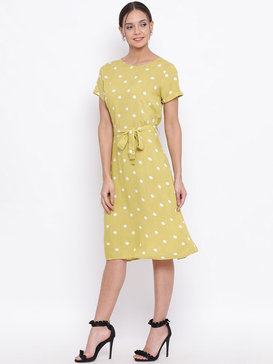 Yellow Printed Polka Dots Dress - Women Dresses