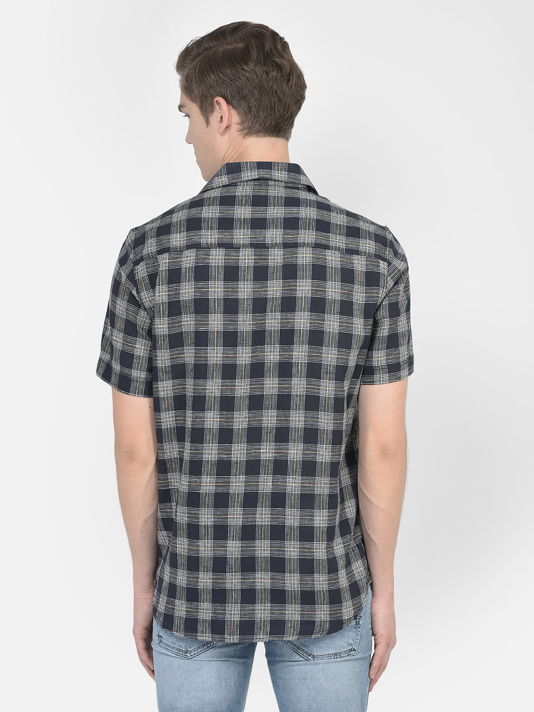  Navy Blue Short-Sleeved Checked Shirt 