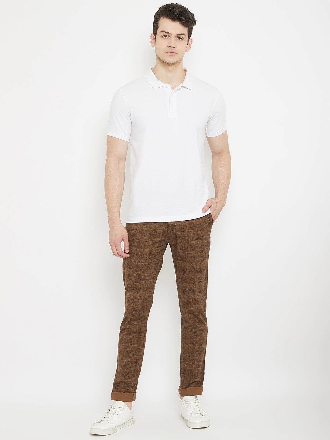 Brown Checked Slim Fit Trousers - Men Trousers