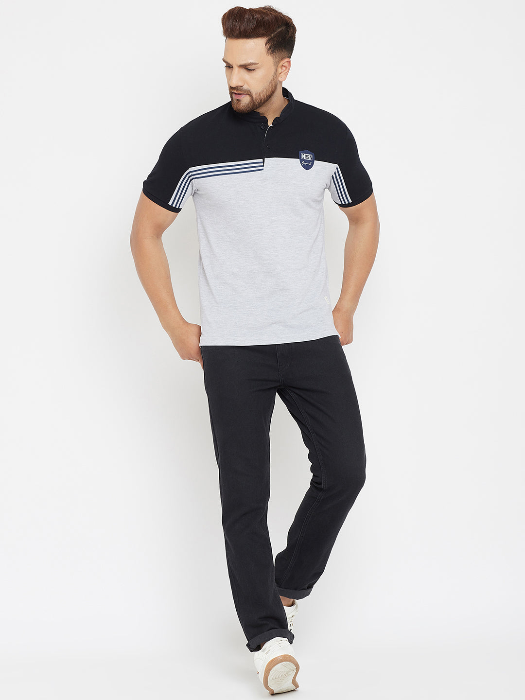 Grey Color blocked Mandarin T-Shirt - Men T-Shirts