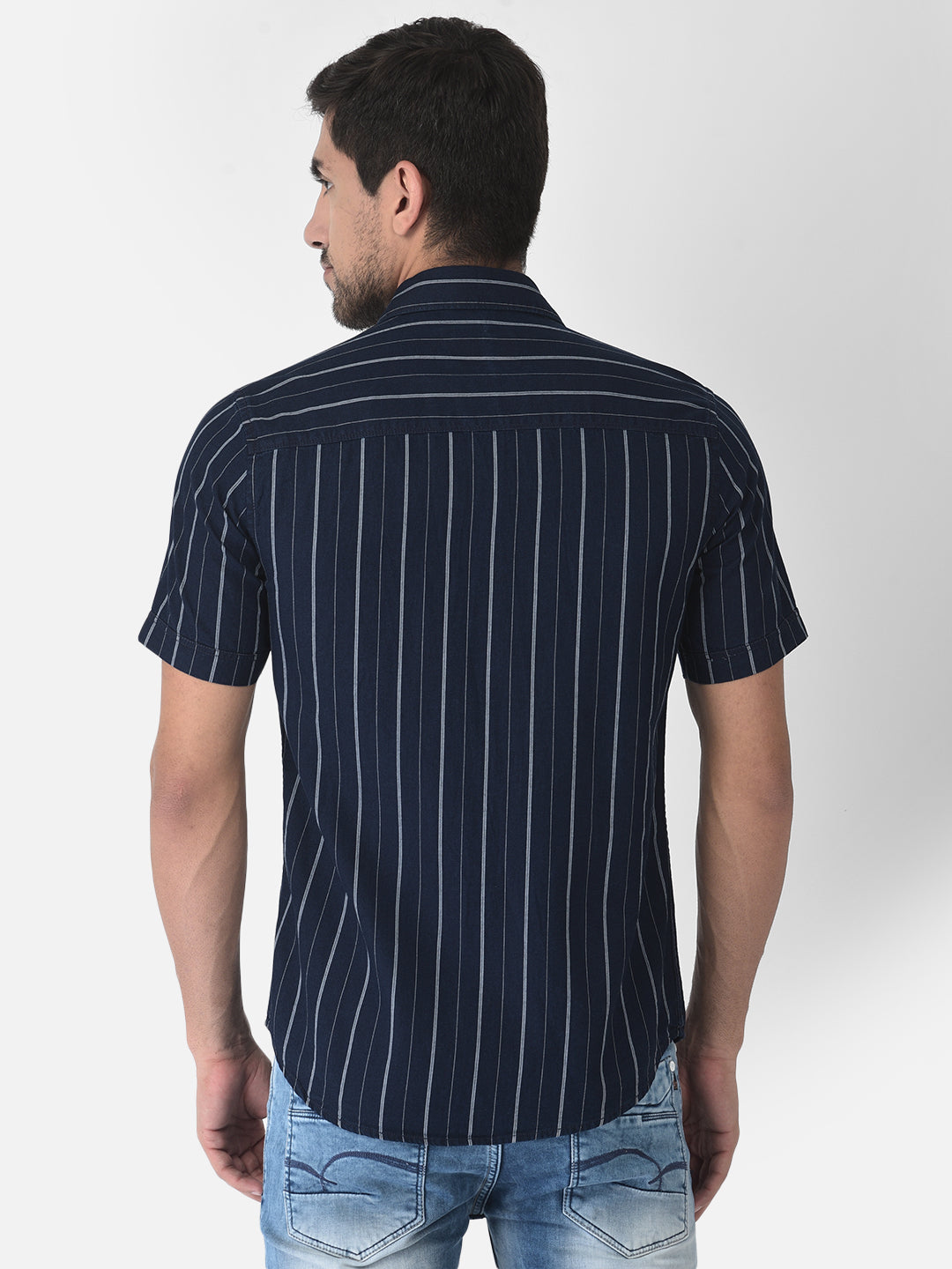 Navy Blue Striped Short Sleeves Shirt - Men Shirts