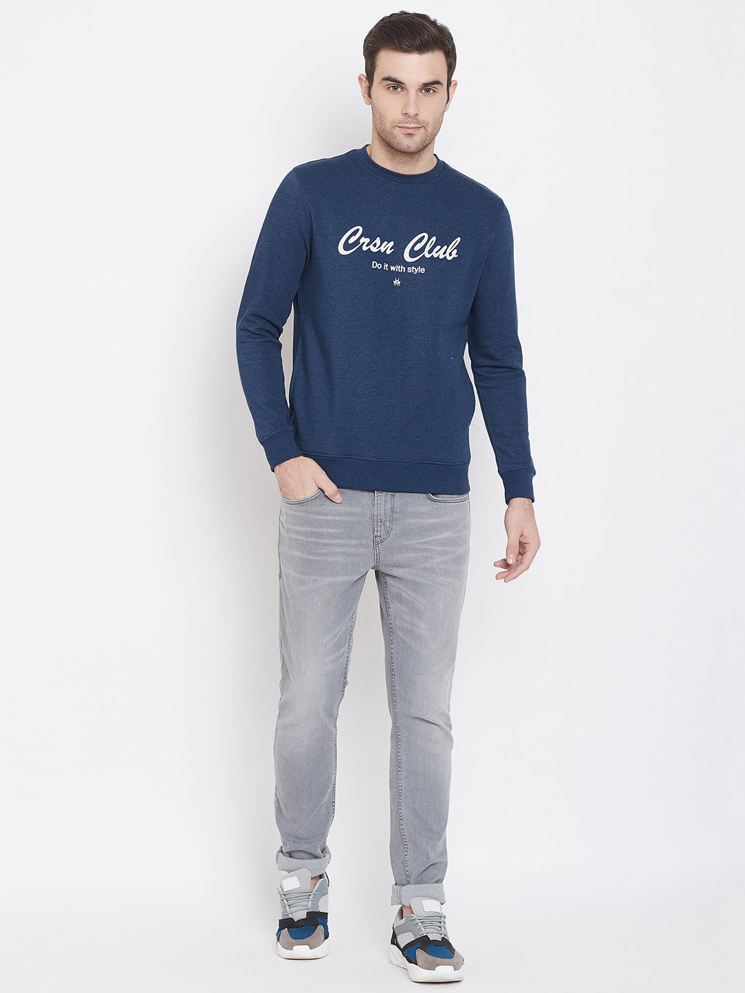 Navy Blue Printed Round Neck Sweatshirt-Men Sweat Shirts-Crimsoune Club