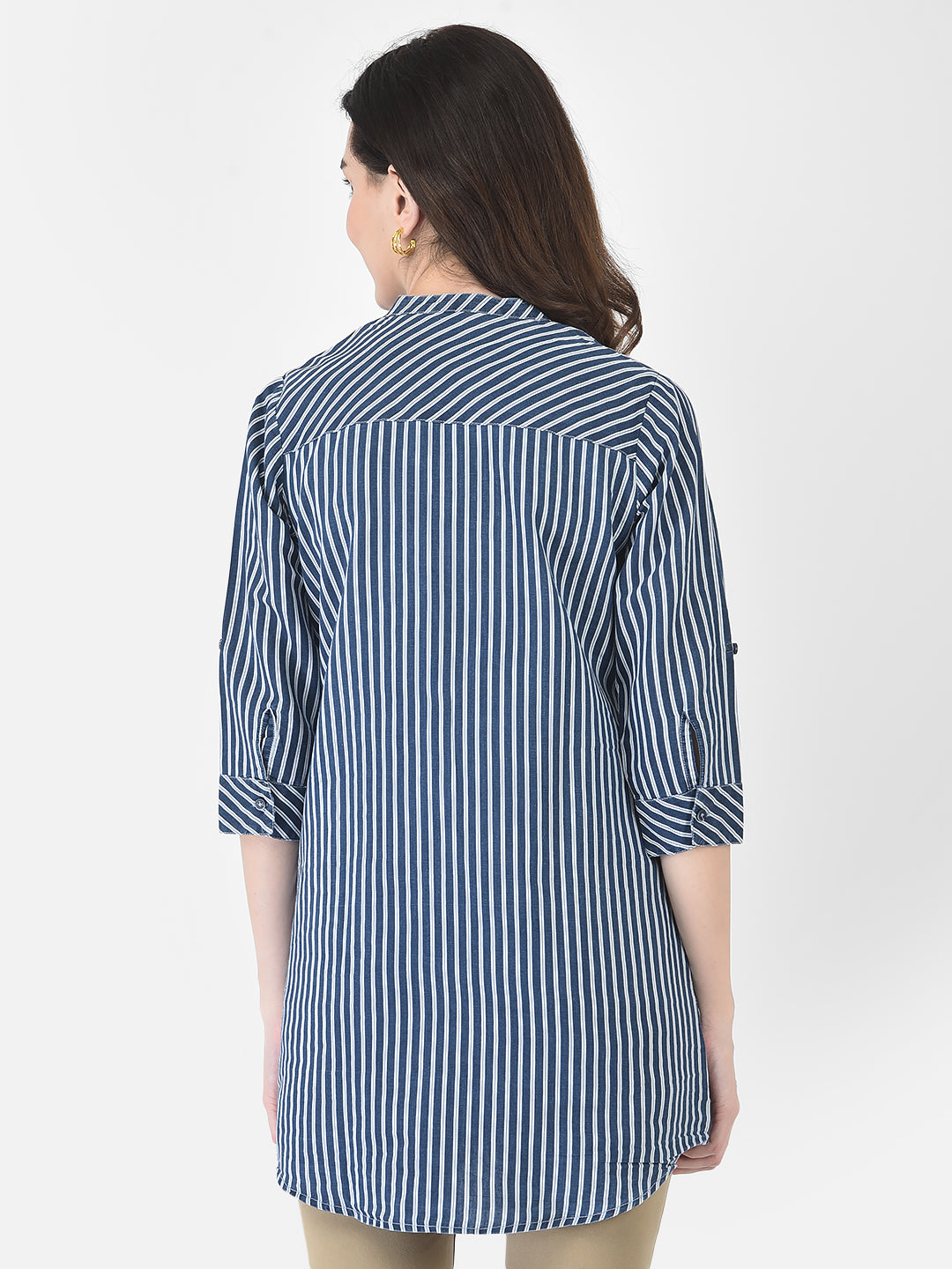 Navy Blue Striped Longline Shirt - Women Shirts