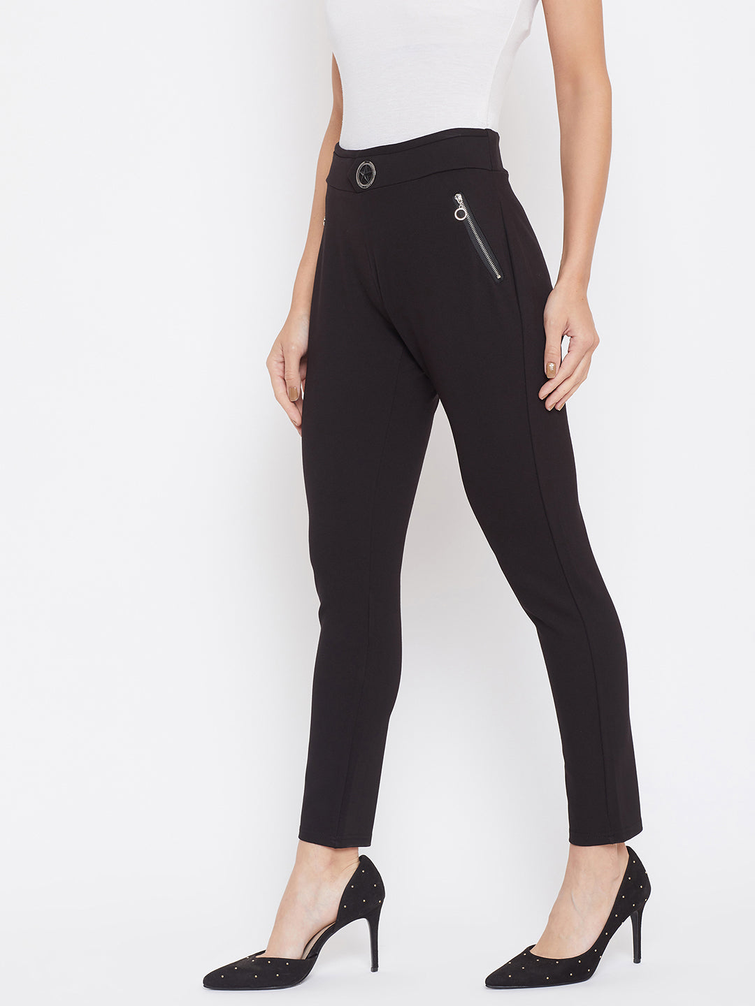 Black Solid Skinny fit Trousers-Women Trousers-Crimsoune Club