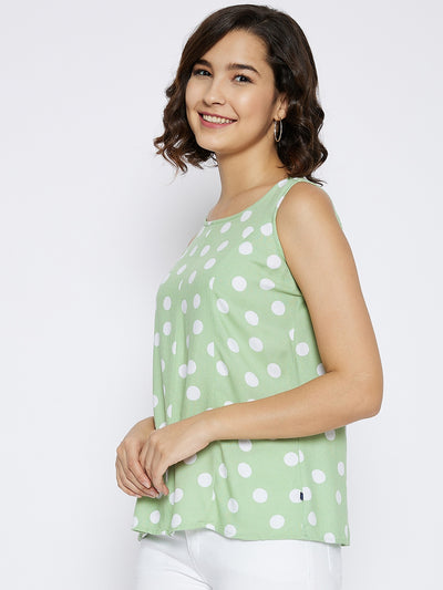 Mint Green Polka Dots Printed Tank Top - Women Tops