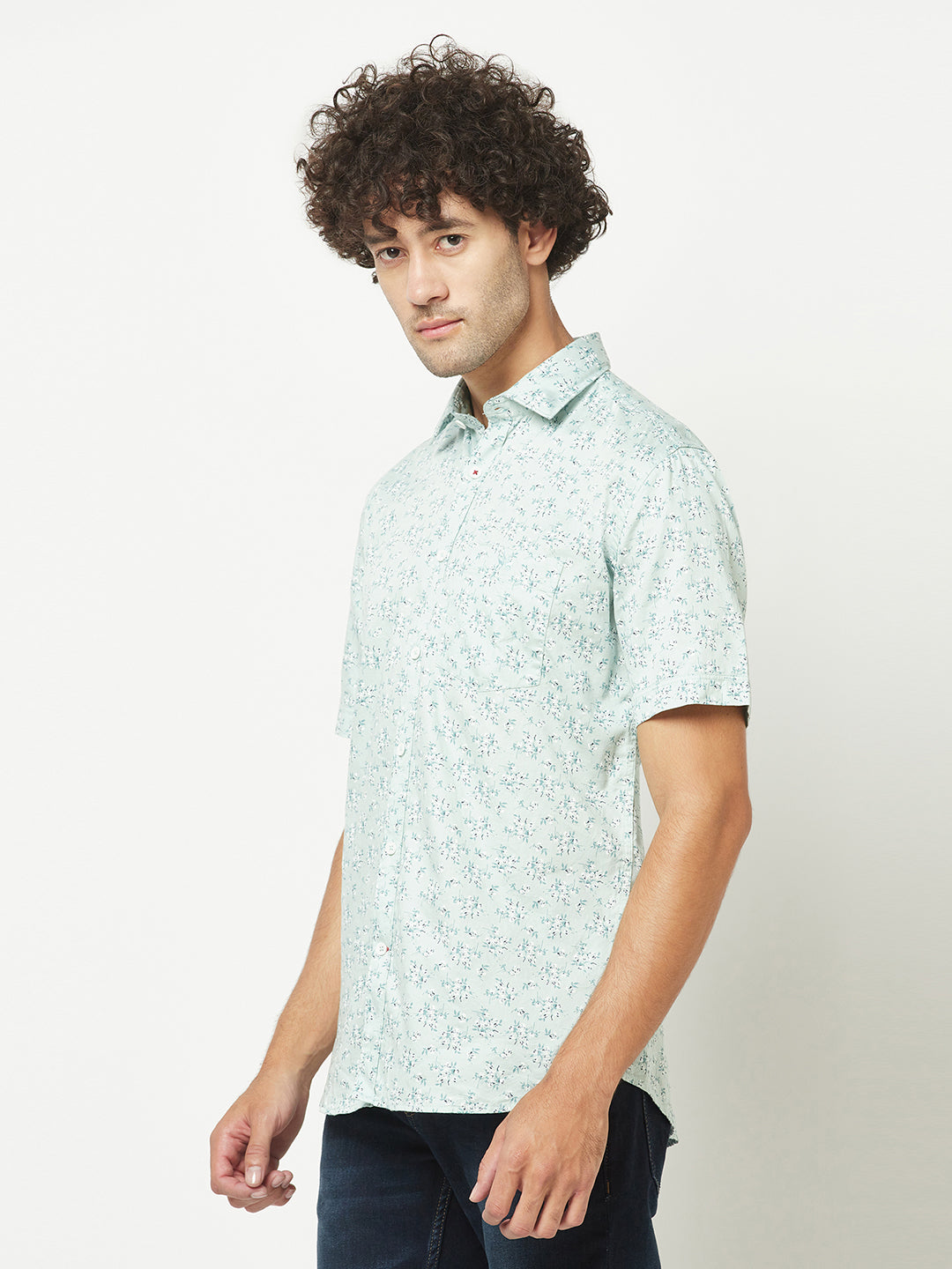  Ice-Blue Short-Sleeved Floral Shirt