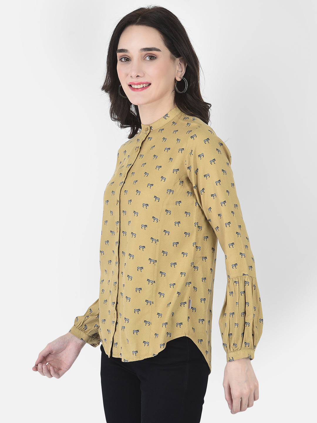 Dark Khaki Printed Shirt-Women Shirts-Crimsoune Club