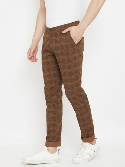 Brown Checked Slim Fit Trousers - Men Trousers