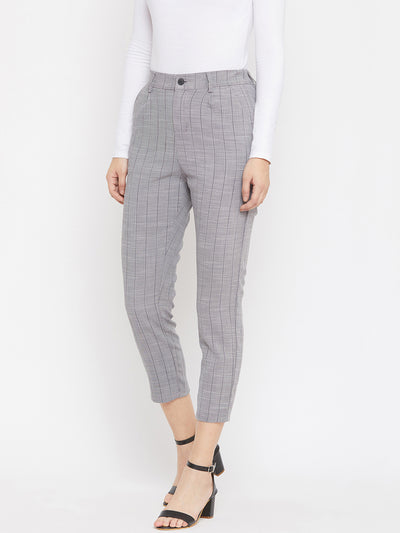 Grey Striped Smart Fit Trousers - Women Trousers