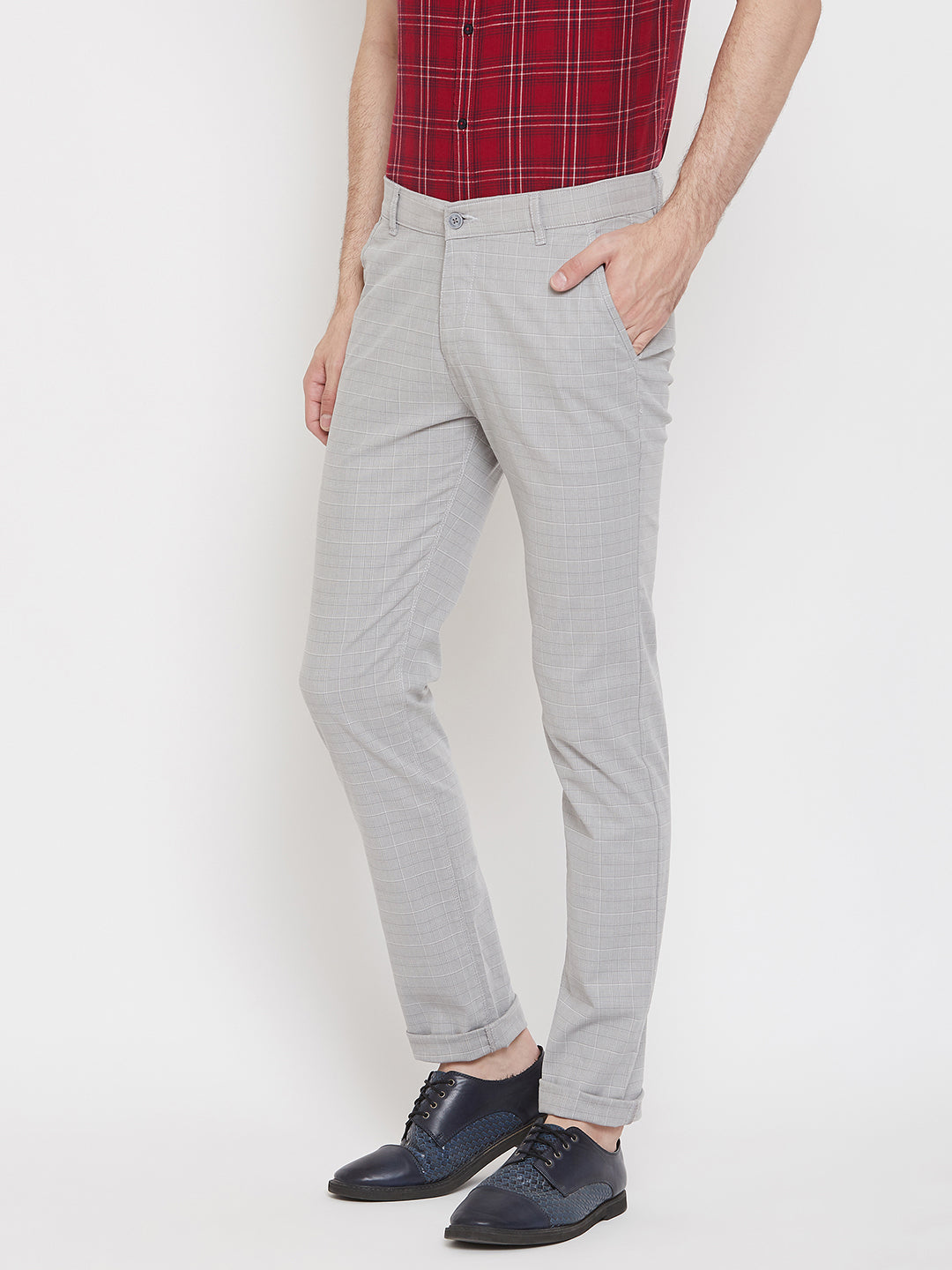 Grey Checked Slim Fit Trousers - Men Trousers