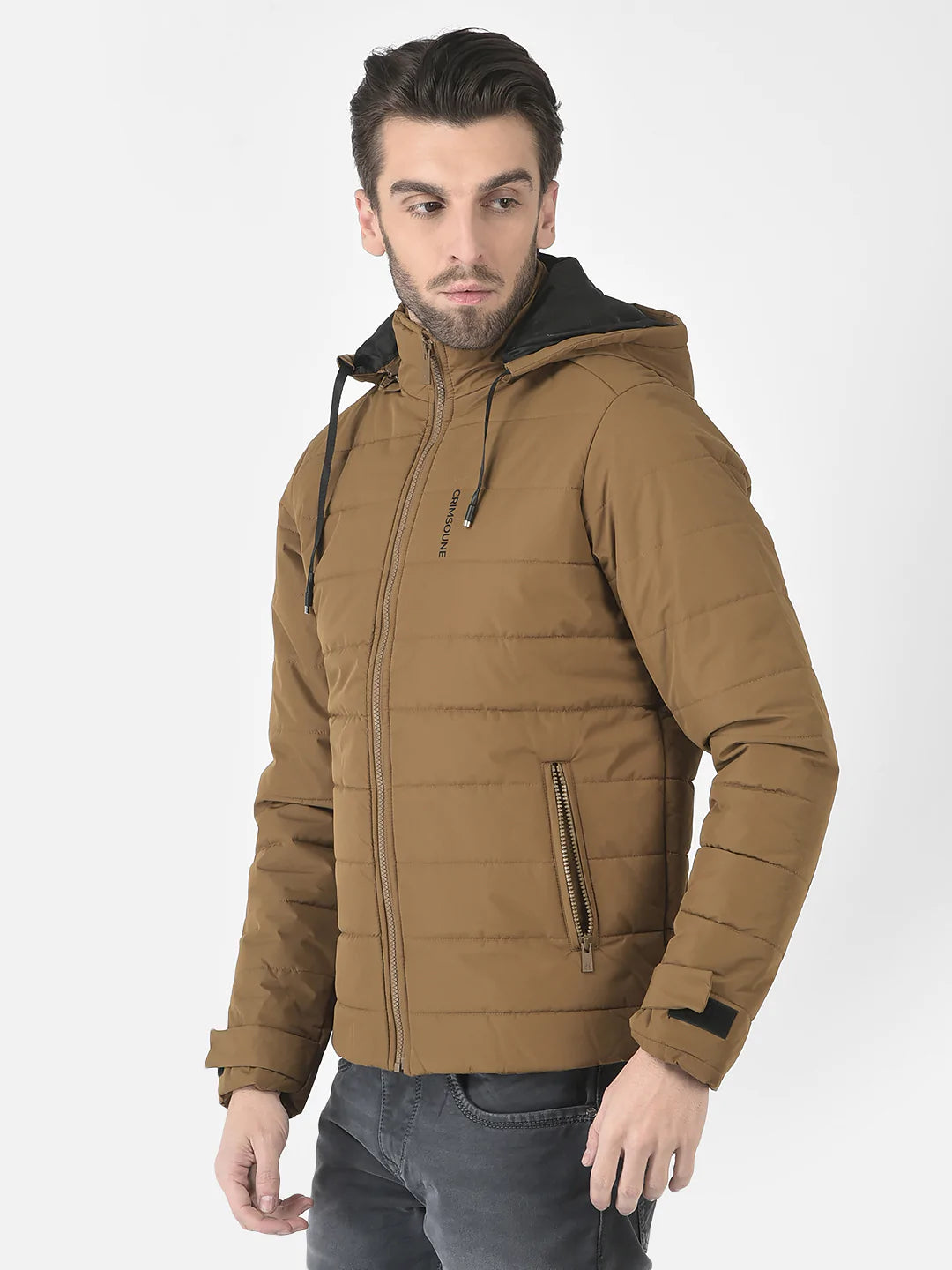  Tan High-Neck Hooded Jacket