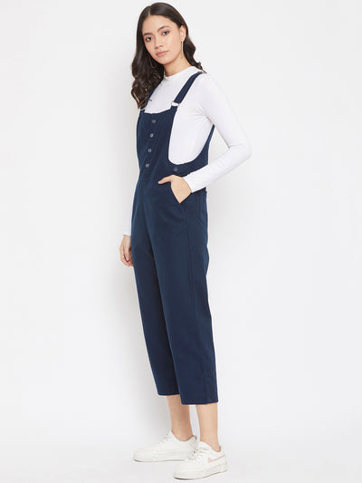 Navy Blue Solid Slim Fit Dungarees-Women Dungarees-Crimsoune Club