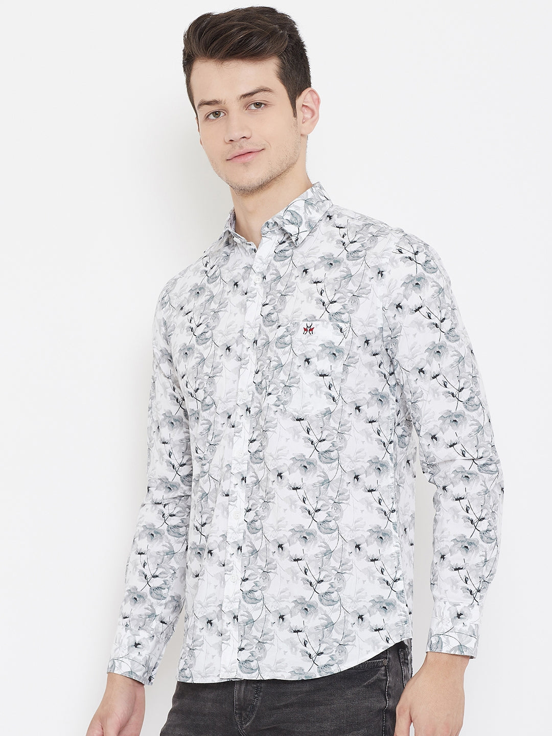 Grey Floral Spread Collar Slim Fit Shirt - Men Shirts