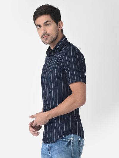 Navy Blue Striped Short Sleeves Shirt - Men Shirts