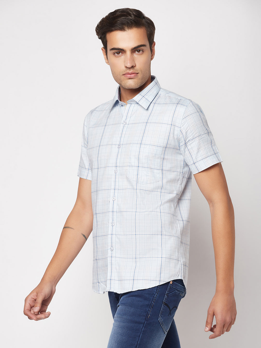  Short-Sleeved Blue Checked Shirt