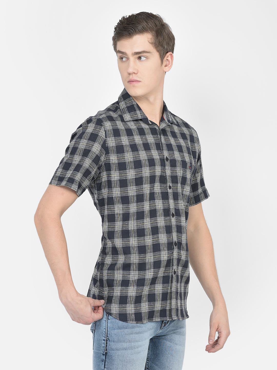  Navy Blue Short-Sleeved Checked Shirt 