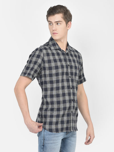  Navy Blue Short-Sleeved Checked Shirt 