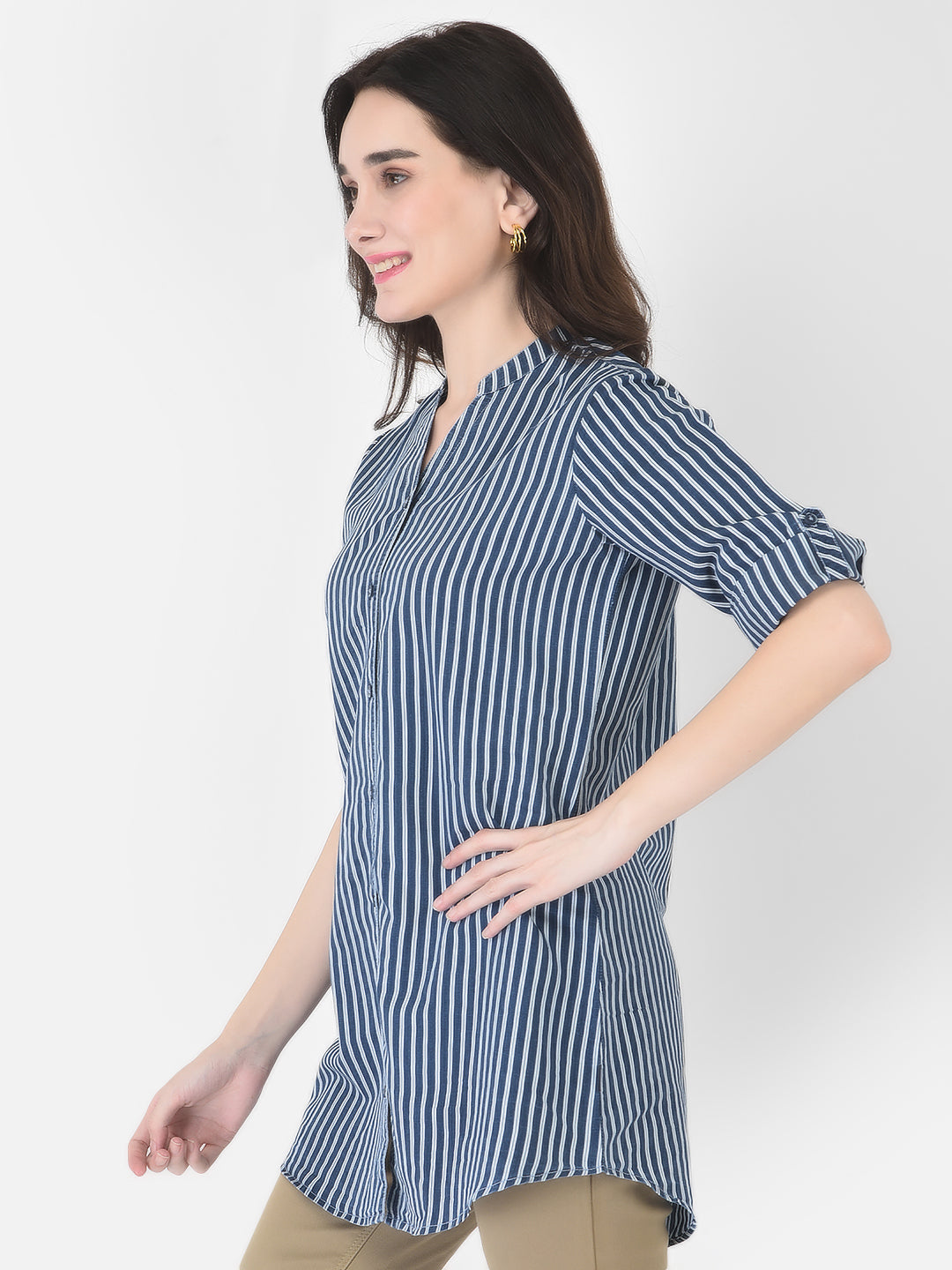 Navy Blue Striped Longline Shirt - Women Shirts