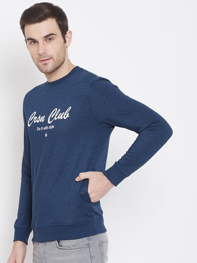 Navy Blue Printed Round Neck Sweatshirt-Men Sweat Shirts-Crimsoune Club