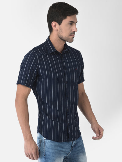 Navy Blue Striped Short Sleeves Shirt - Men Shirts